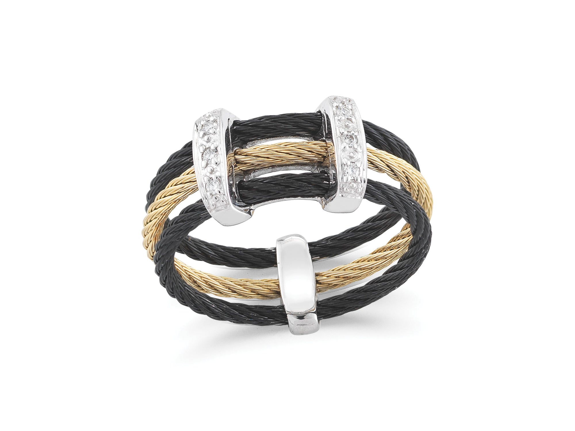 Alor Black cable and yellow cable, 18 karat White Gold, 0.05 total carat weight Diamonds with stainless steel. Imported.