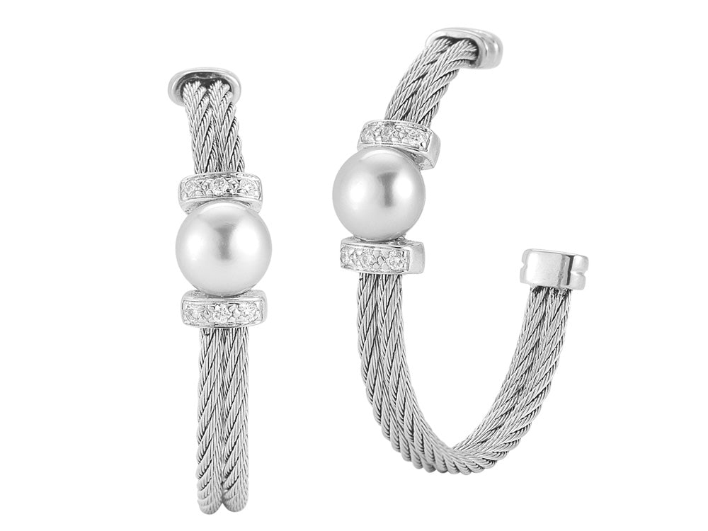 Alor 18 karat White Gold, stainless steel and stainless steel Cable with White Freshwater Pearls and 0.11 total carat weight Diamonds. Imported.