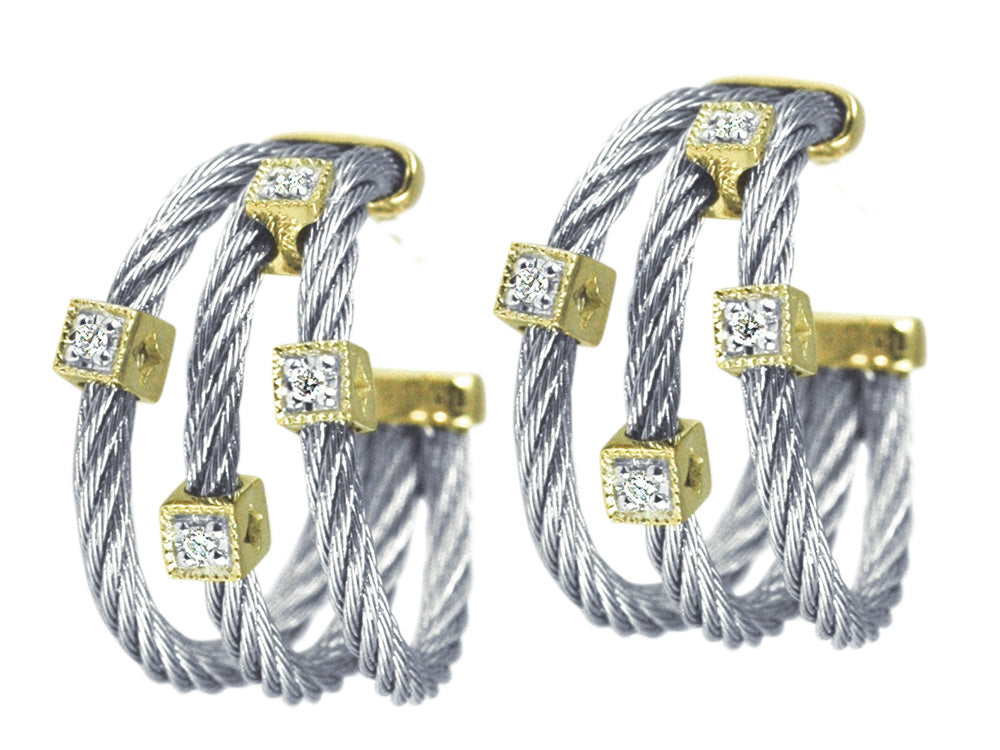 Alor 18 karat Yellow Gold and stainless steel 3 row 2.0 mm Cable and Diamonds 0.08 total carat weight. Imported.