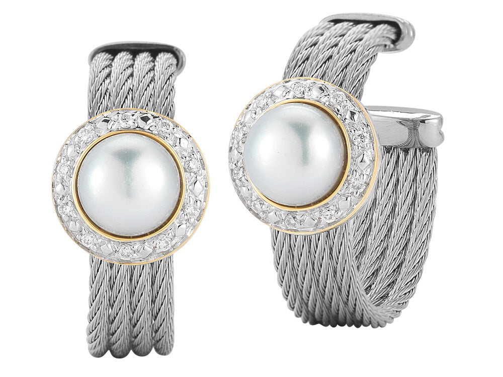 Alor 18 karat White Gold, stainless steel and stainless steel Cable 4 row 1.6mm with White Freshwater Pearls and 0.18 total carat weight Diamonds. Imported.