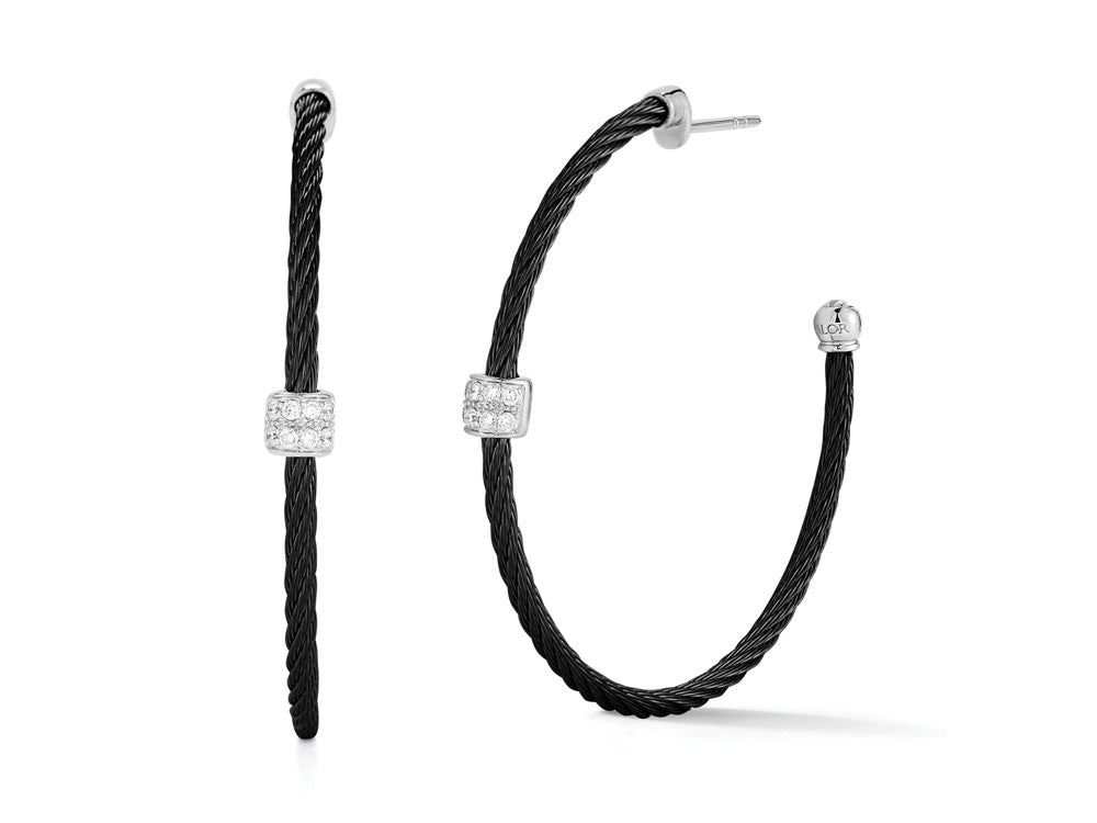 Black Cable Hoop Earrings with 18kt White Gold & Single Diamond Station