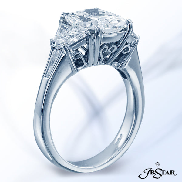 JB STAR DIAMOND ENGAGEMENT RING FEATURING A STUNNING 3.02 CT CUSHION DIAMOND NESTLED IN BETWEEN TRAP