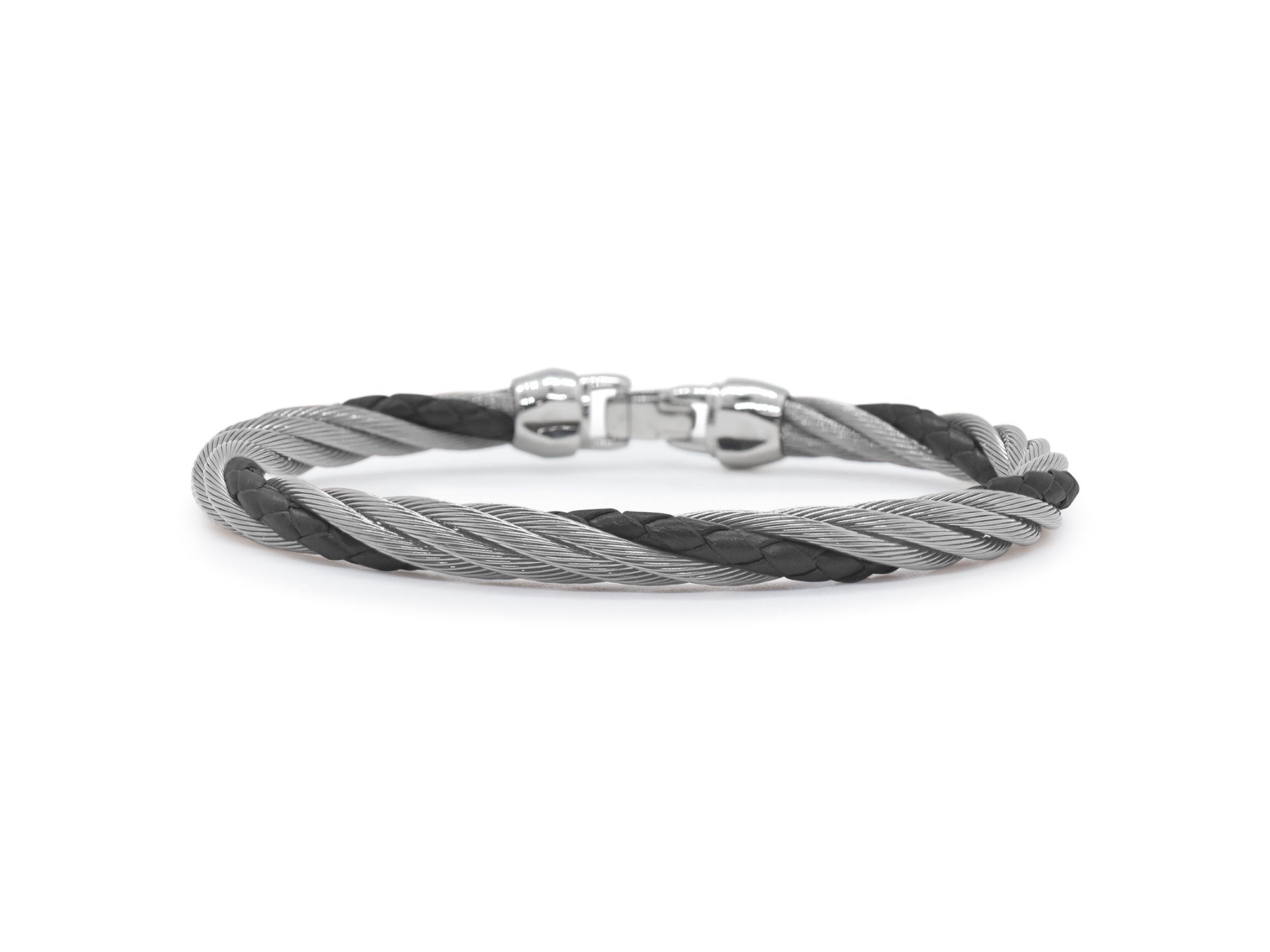 Mens Grey Cable & Black Leather Modern Twist Bracelet
