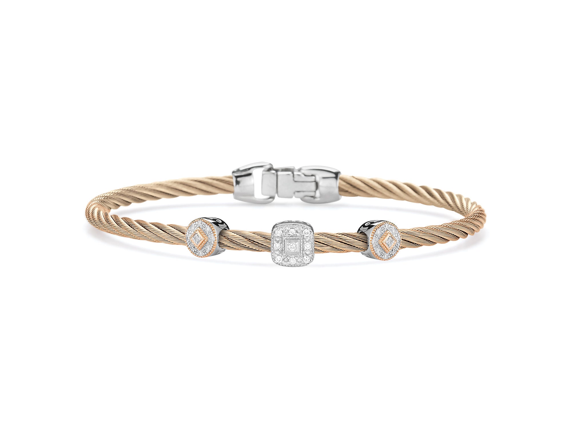 Carnation Cable Essential Stackable Bracelet with Multiple Diamond station set in 18kt White & Rose Gold