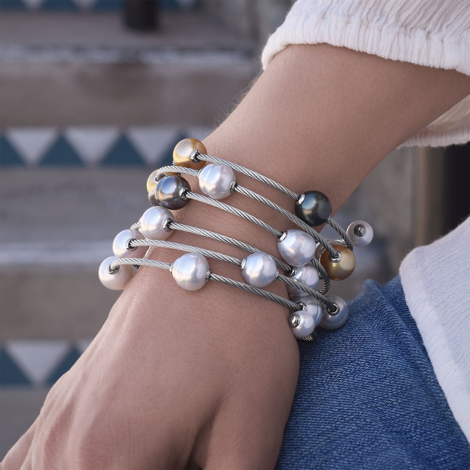 Black, White, & Yellow South Sea Pearl Wrap Bracelet with Grey Cable