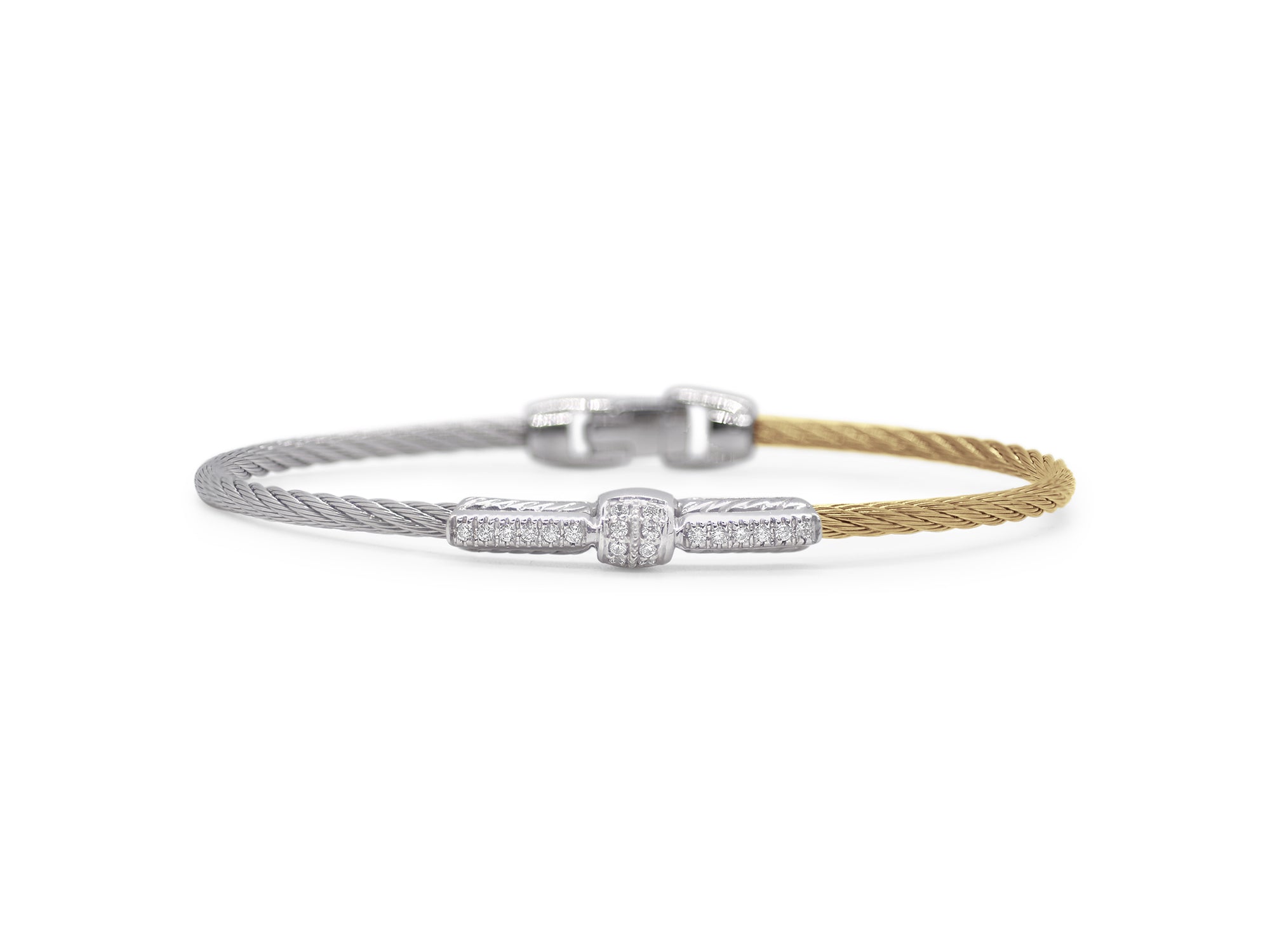 Grey & Yellow Cable Petite Bar & Barrel Bracelet with 18kt White Gold & Diamonds