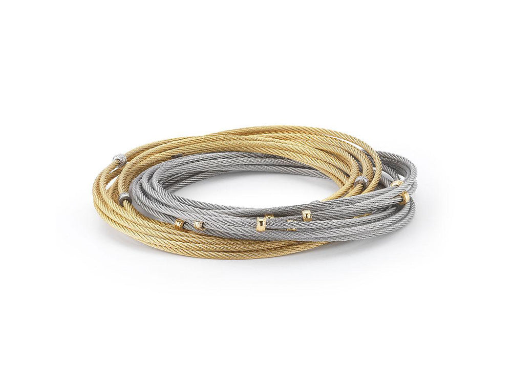 Alor Yellow cable and grey cable 20 row 1.6mm, 18 karat Yellow Gold with stainless steel. Imported.