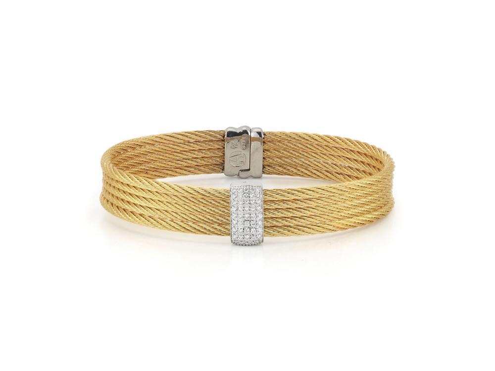 Alor Yellow 3 row 2mm and 2 row 2.5mm cable, 18 karat White Gold, 0.41 total carat weight Diamonds with stainless steel. Imported.