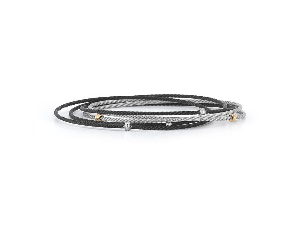 Alor Black cable and grey cable 5 row 1.6mm, 18 karat Yellow Gold with stainless steel. Imported.