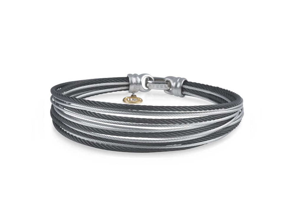 Alor Black cable and grey cable 30 row, 18 karat Yellow Gold with stainless steel. Imported.