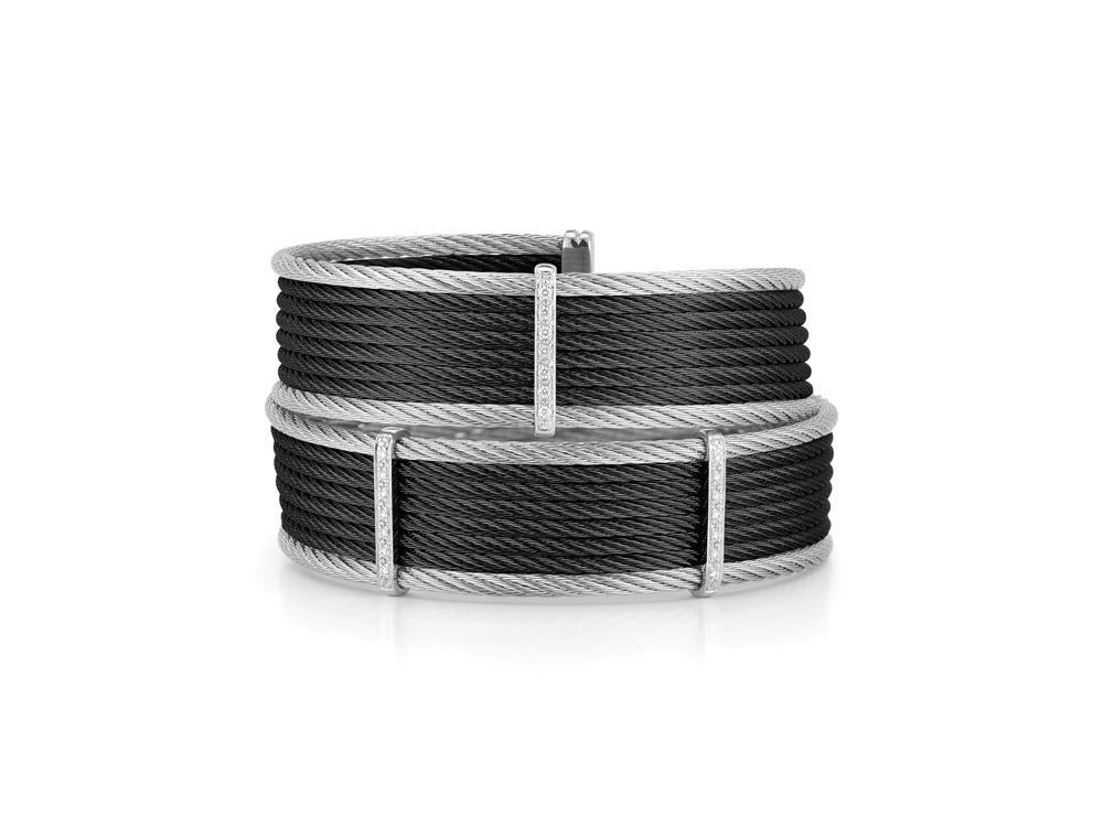 Alor Black cable and grey cable, 18 karat White Gold, 0.17 total carat weight Diamonds with stainless steel. Imported.
