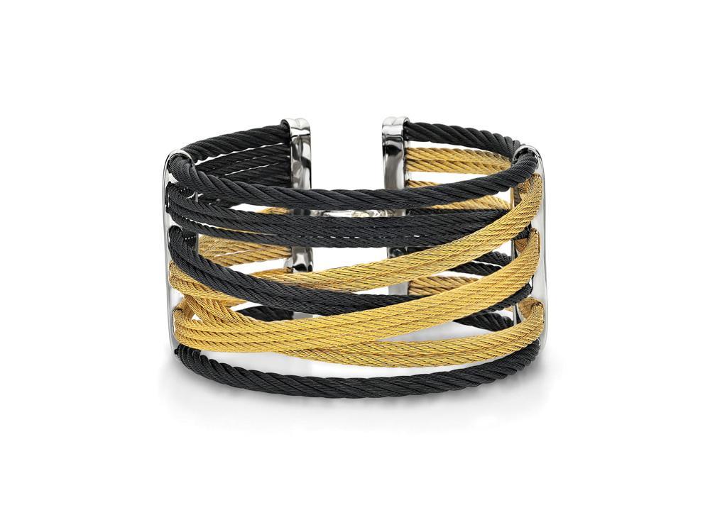 Alor Black cable and yellow cable, 18 karat Yellow Gold, 0.01 total carat weight Diamonds with stainless steel. Imported.