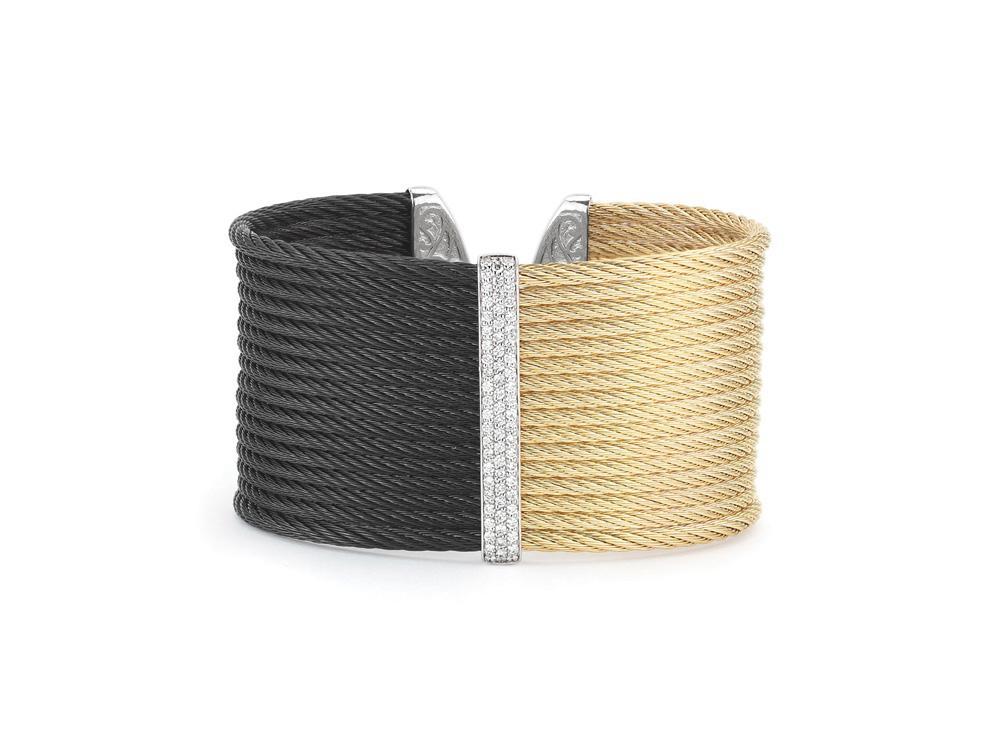 Alor Black cable and yellow cable, 18 karat White Gold, 0.56 total carat weight Diamonds with stainless steel. Imported.