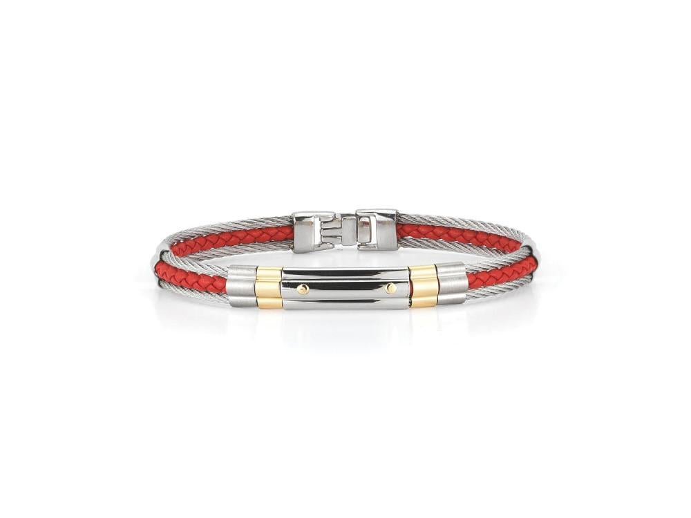 Alor Grey cable red leather and 2 row 2.0mm, 18 karat Yellow Gold with stainless steel. Imported.