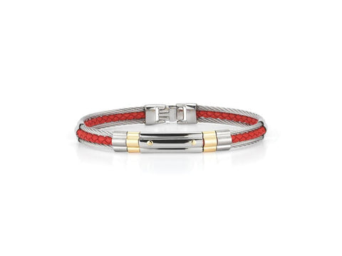 MENS STAINLESS AND 18K YELLOW GOLD RED LEATHER BRACELET