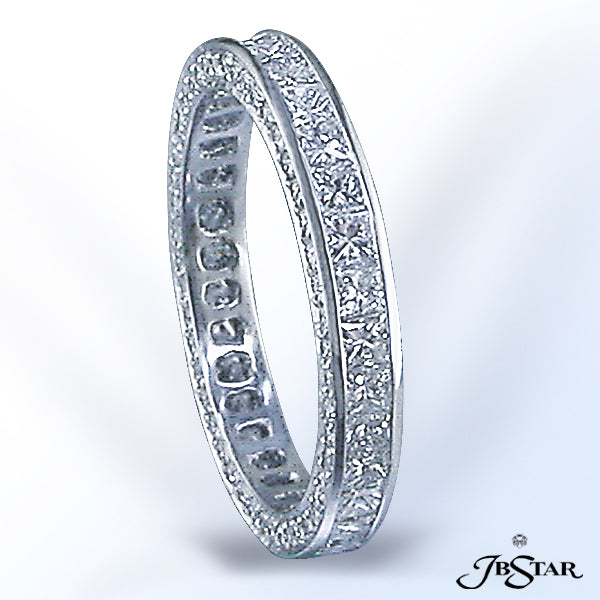 JB STAR PLATINUM DIAMOND ETERNITY BAND HANDCRAFTED OF PRINCESS DIAMONDS SET IN A CHANNEL WITH PAVE P