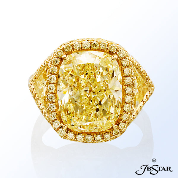 JB STAR STUNNING FANCY YELLOW DIAMOND RING HANDCRAFTED WITH AN EXQUISITE 7.60 CT CUSHION-CUT YELLOW