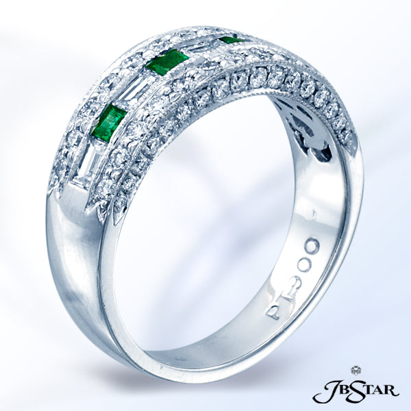 JB STAR EXQUISITELY CRAFTED WEDDING BAND FEATURING 4 SQUARE EMERALD-CUT EMERALDS AND 5 SQUARE BAGUET