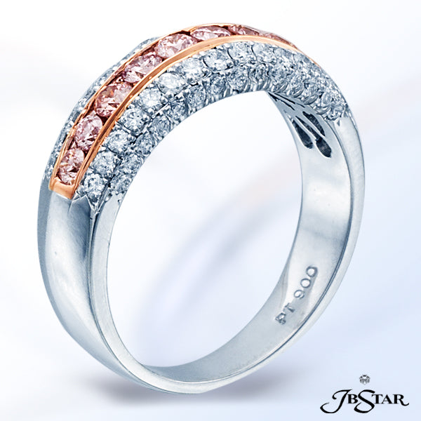 JB STAR PLATINUM AND DIAMOND BAND FEATURING ROUND PINK DIAMONDS IN THE CENTER CHANNEL.DIAMONDS: PI