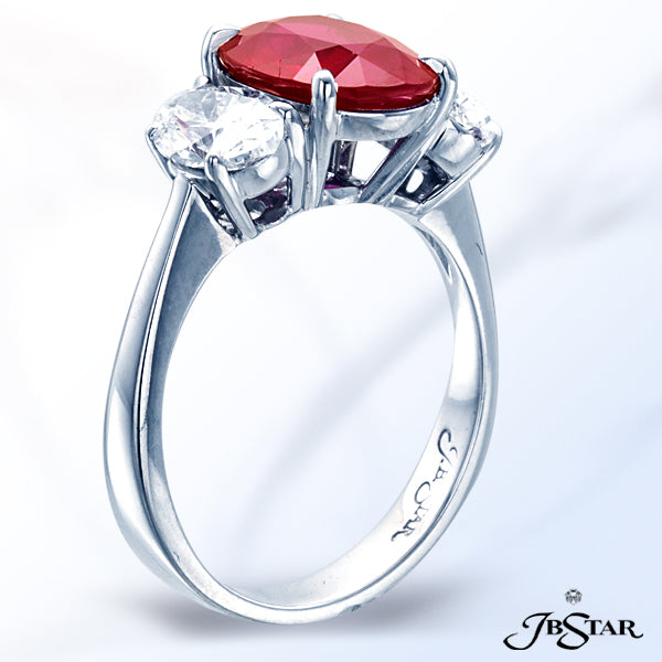JB STAR HANDCRAFTED PLATINUM RING FEATURING A STUNNING 3.15CT OVAL BURMA RUBY CENTER WITH PERFECTLY