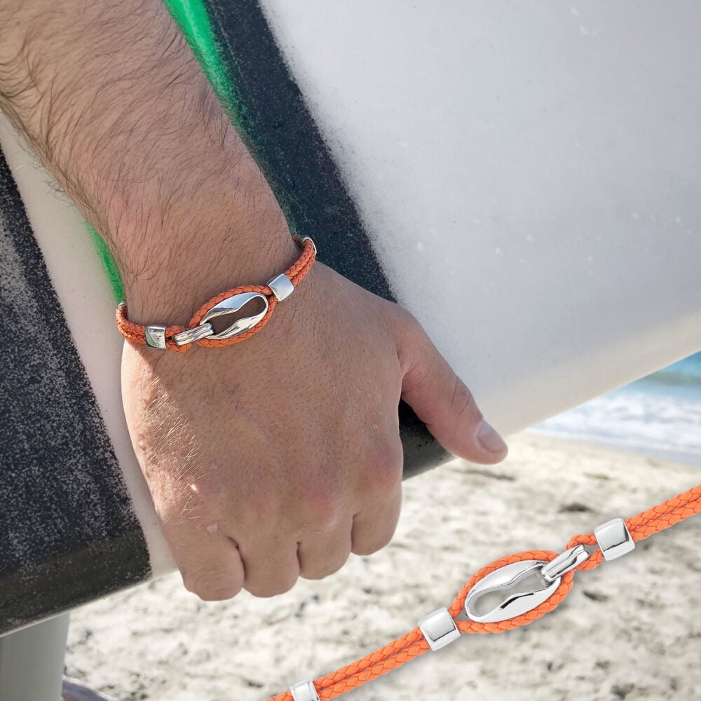 Mens Orange Leather And Stainless Steel Bracelet