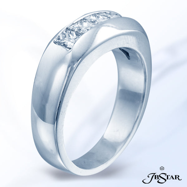 JB STAR MEN'S PLATINUM DIAMOND BAND HANDCRAFTED WITH 5 STUNNING PRINCESS DIAMONDS IN CHANNEL SETTING