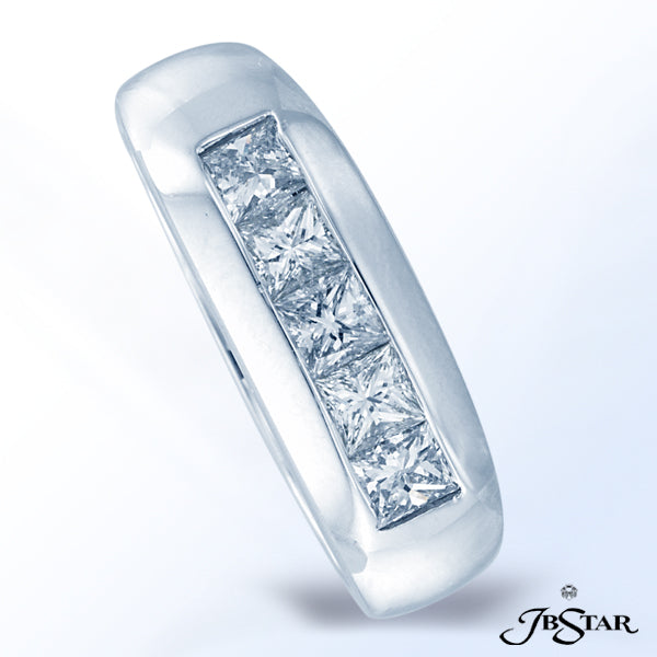 JB STAR MEN'S PLATINUM DIAMOND BAND HANDCRAFTED WITH 5 STUNNING PRINCESS DIAMONDS IN CHANNEL SETTING