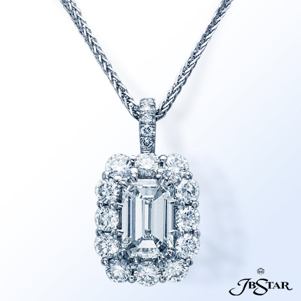 JB STAR PLATINUM DIAMOND PENDANT FEATURING A STUNNING 1.60 CT EMERALD-CUT DIAMOND CENTER ENCIRCLED W