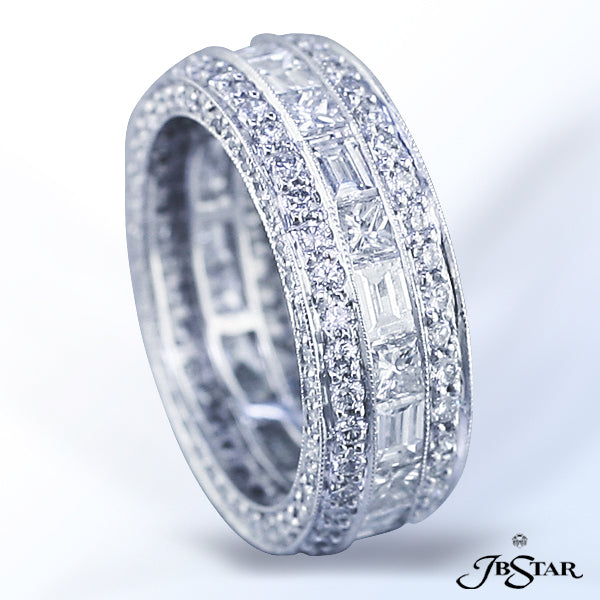 JB STAR PLATINUM DIAMOND ETERNITY BAND HANDCRAFTED WITH A CENTER CHANNEL OF 11 PRINCESS AND 11 BAGUE