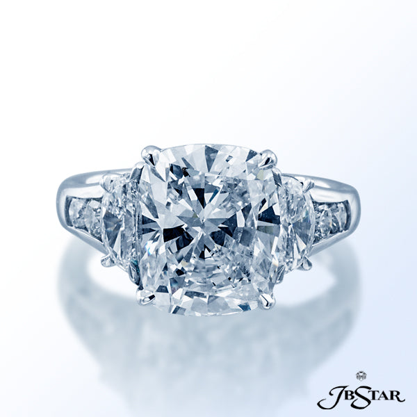 JB STAR DIAMOND RING CLASSICALLY DESIGNED IN 3-STONE STYLE WITH A BEAUTIFUL 5.05 CT CUSHION CENTER D
