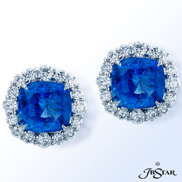 JB STAR BEAUTIFULLY HANDCRAFTED EARRINGS FEATURE SAPPHIRE CUSHIONS WITH PERFECTLY MATCHED ROUND DIAM