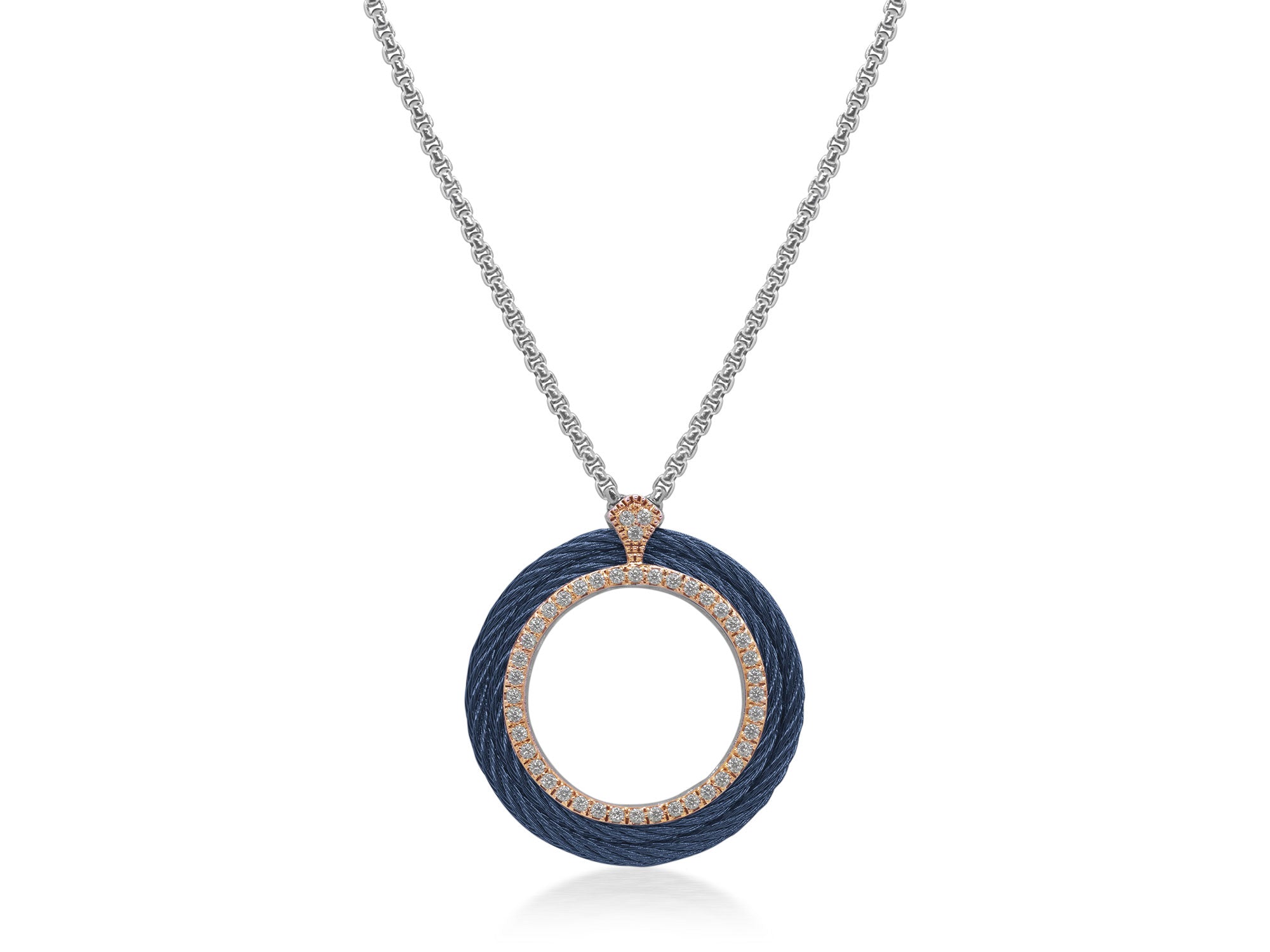 Grey Chain & Blueberry Cable Circle Pendant Necklace with 18kt Rose Gold & Diamonds