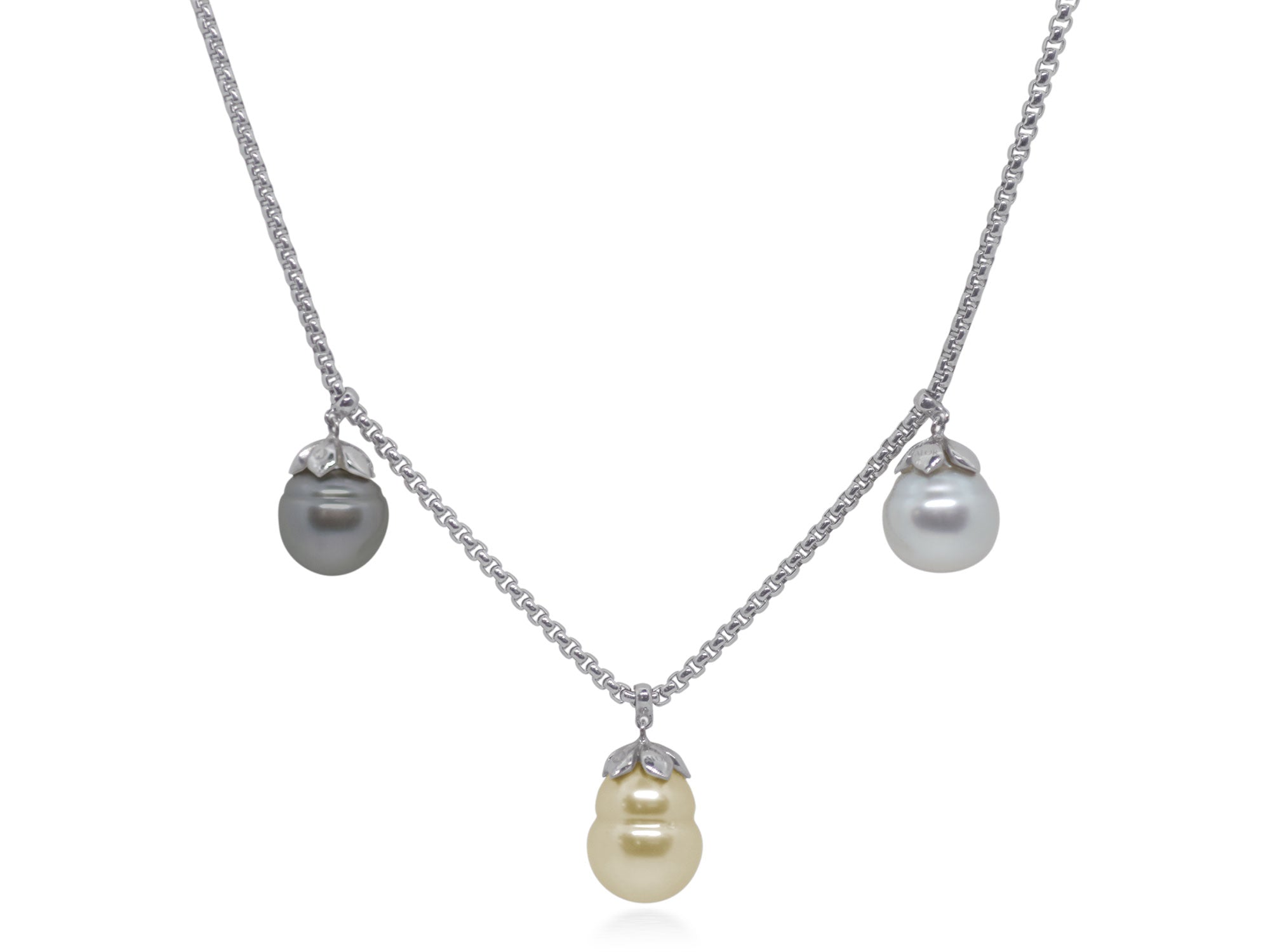 Grey Chain Triple Drop Black, White, & Yellow South Sea Pearl Necklace