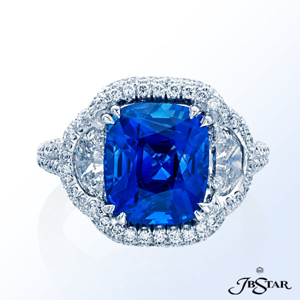 JB STAR "NO-HEAT" SAPPHIRE AND DIAMOND RING FEATURING A STUNNING 6.52CT CUSHION, CERTIFIED NO HEAT S