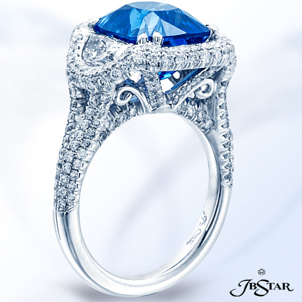 JB STAR "NO-HEAT" SAPPHIRE AND DIAMOND RING FEATURING A STUNNING 6.52CT CUSHION, CERTIFIED NO HEAT S