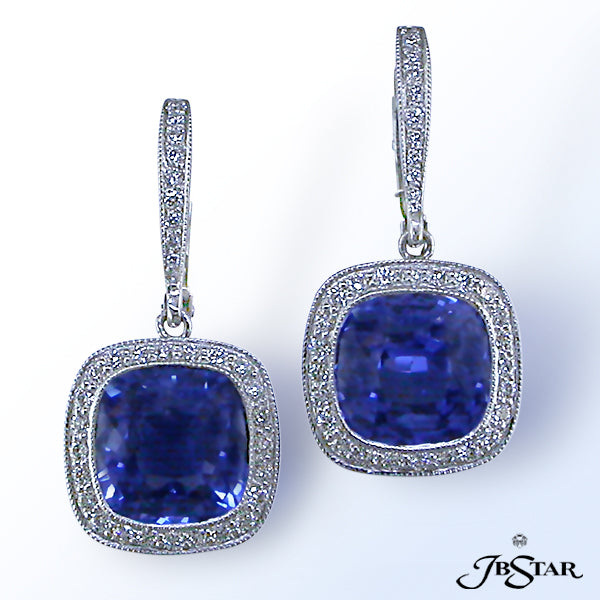 JB STAR THESE SAPPHIRE AND DIAMOND EARRINGS ARE GRACEFUL AND SIMPLE WITH TWO 8.55 CT. TW. CUSHION CU