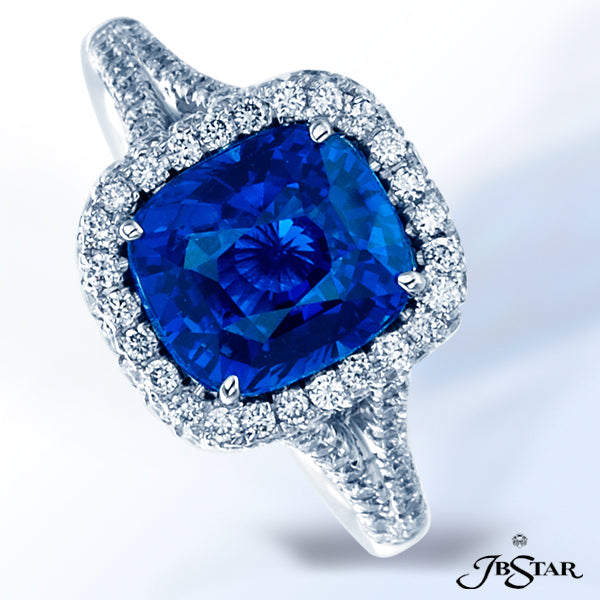 JB STAR STUNNING 'NO-HEAT' BLUE SAPPHIRE AND DIAMOND RING, HANDCRAFTED WITH A 3.54 CT CUSHION-CUT SA