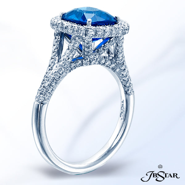 JB STAR STUNNING 'NO-HEAT' BLUE SAPPHIRE AND DIAMOND RING, HANDCRAFTED WITH A 3.54 CT CUSHION-CUT SA