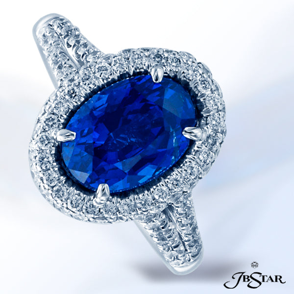 JB STAR STUNNING BLUE SAPPHIRE AND DIAMOND RING, HANDCRAFTED WITH A 2.97 CT OVAL SAPPHIRE IN A MICRO