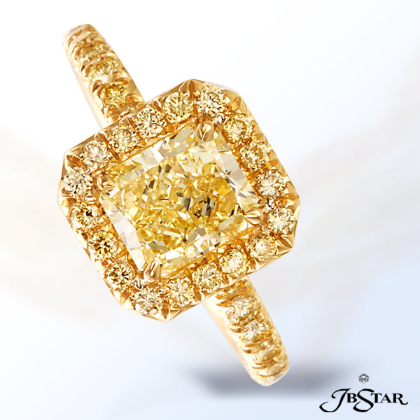 JB STAR GORGEOUS 1.51CT RADIANT-CUT FANCY YELLOW DIAMOND RING EDGED IN MICRO PAVE AND SET IN 18KY.