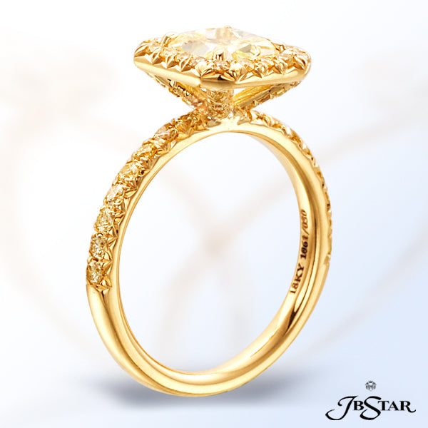JB STAR GORGEOUS 1.51CT RADIANT-CUT FANCY YELLOW DIAMOND RING EDGED IN MICRO PAVE AND SET IN 18KY.