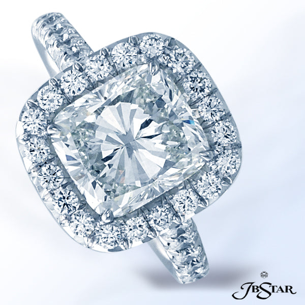 JB STAR DIAMOND ENGAGEMENT RING FEATURING A GORGEOUS 3.59 CT CUSHION-CUT DIAMOND IN A MICRO PAVE HAL