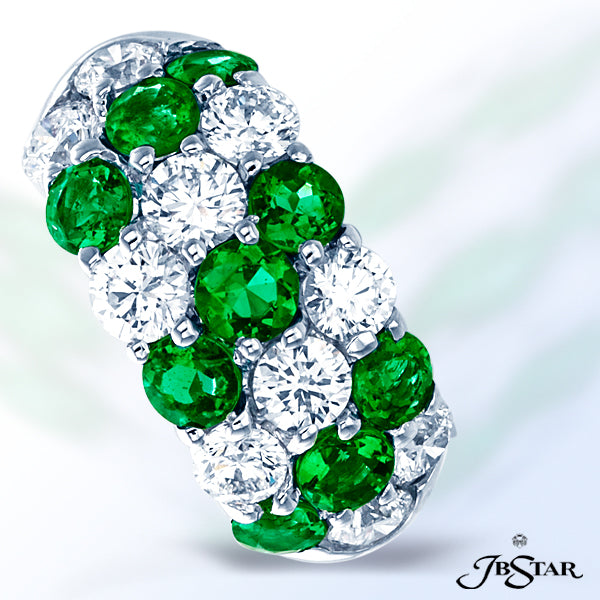 JB STAR PLATINUM EMERALD AND DIAMOND BAND FEATURING ROUND EMERALDS AND DIAMONDS IN A 3 ROW SETTING.