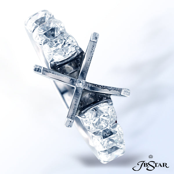 JB STAR BEAUTIFUL PLATINUM SEMI-MOUNT WITH 8 CUSHION-CUT DIAMONDS IN A SHARED PRONG SETTING.DIAMON