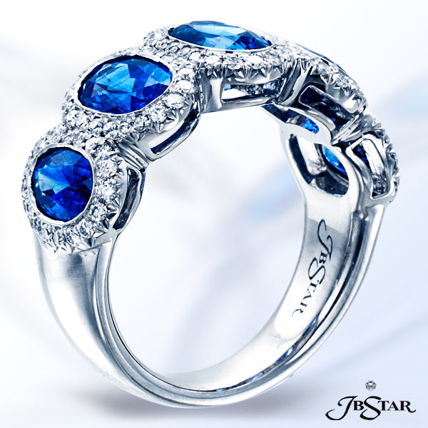 JB STAR BEAUTIFUL SAPPHIRE AND DIAMOND PLATINUM BAND HANDCRAFTED WITH 5 PERFECTLY MATCHED OVAL BLUE