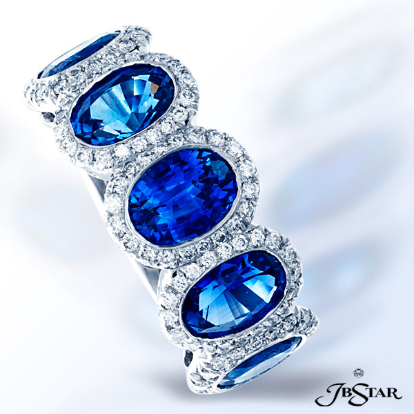 JB STAR BEAUTIFUL SAPPHIRE AND DIAMOND PLATINUM BAND HANDCRAFTED WITH 5 PERFECTLY MATCHED OVAL BLUE