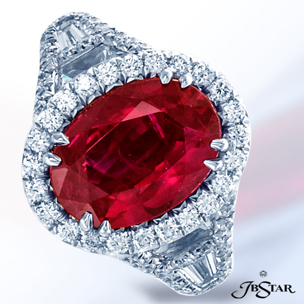 JB STAR PLATINUM RUBY AND DIAMOND RING FEATURING A GORGEOUS 4.18 CT OVAL RUBY IN A MICRO PAVE HALO S