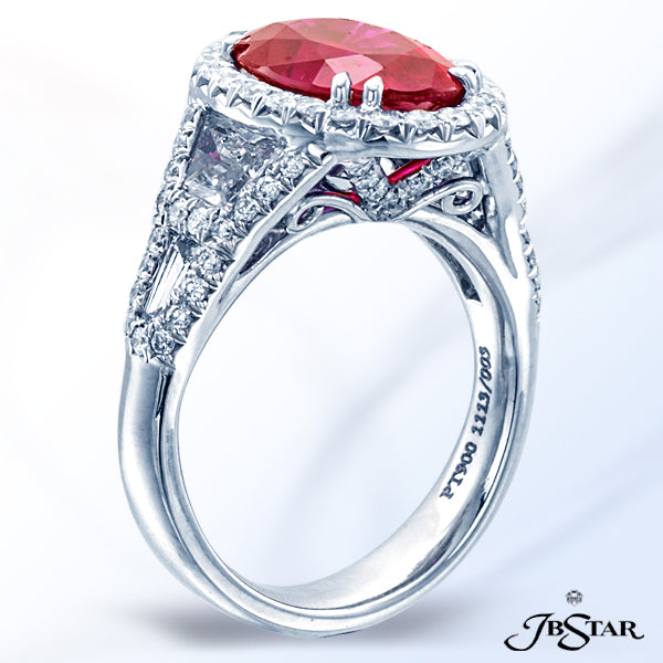 JB STAR PLATINUM RUBY AND DIAMOND RING FEATURING A GORGEOUS 4.18 CT OVAL RUBY IN A MICRO PAVE HALO S