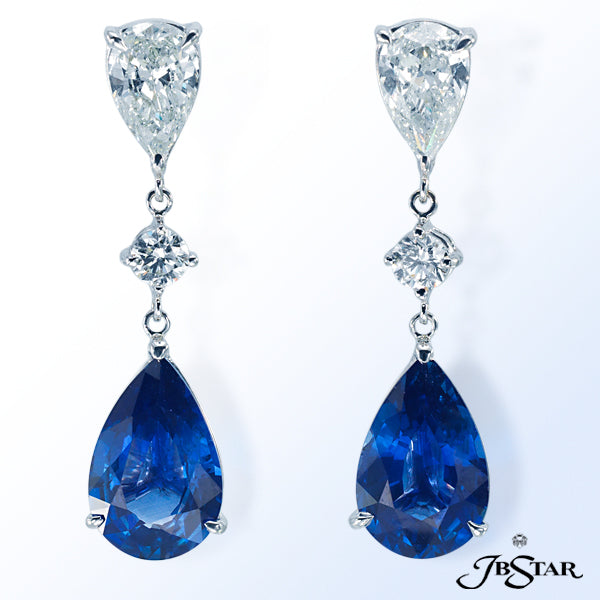 JB STAR STUNNING SAPPHIRE AND DIAMOND DROP EARRINGS FEATURING BEAUTIFUL PEAR-SHAPED SAPPHIRES SUSPEN