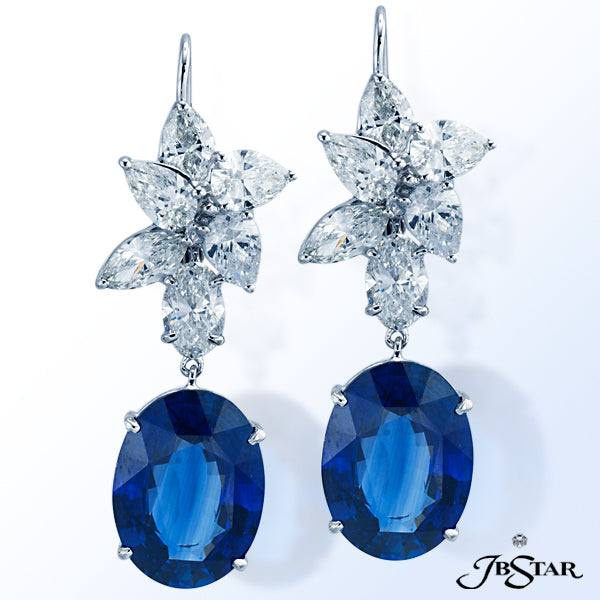 JB STAR GORGEOUS HANDCRAFTED EARRINGS FEATURE 16.41 CTW OVAL SAPPHIRES WITH MARQUISE AND ROUND DIAMO